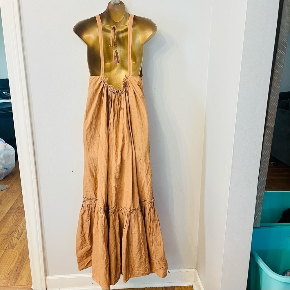 Zara Tan Halter Maxi Dress Boho Chic Tiered Hem Size XS spring break vacation - Picture 4 of 6